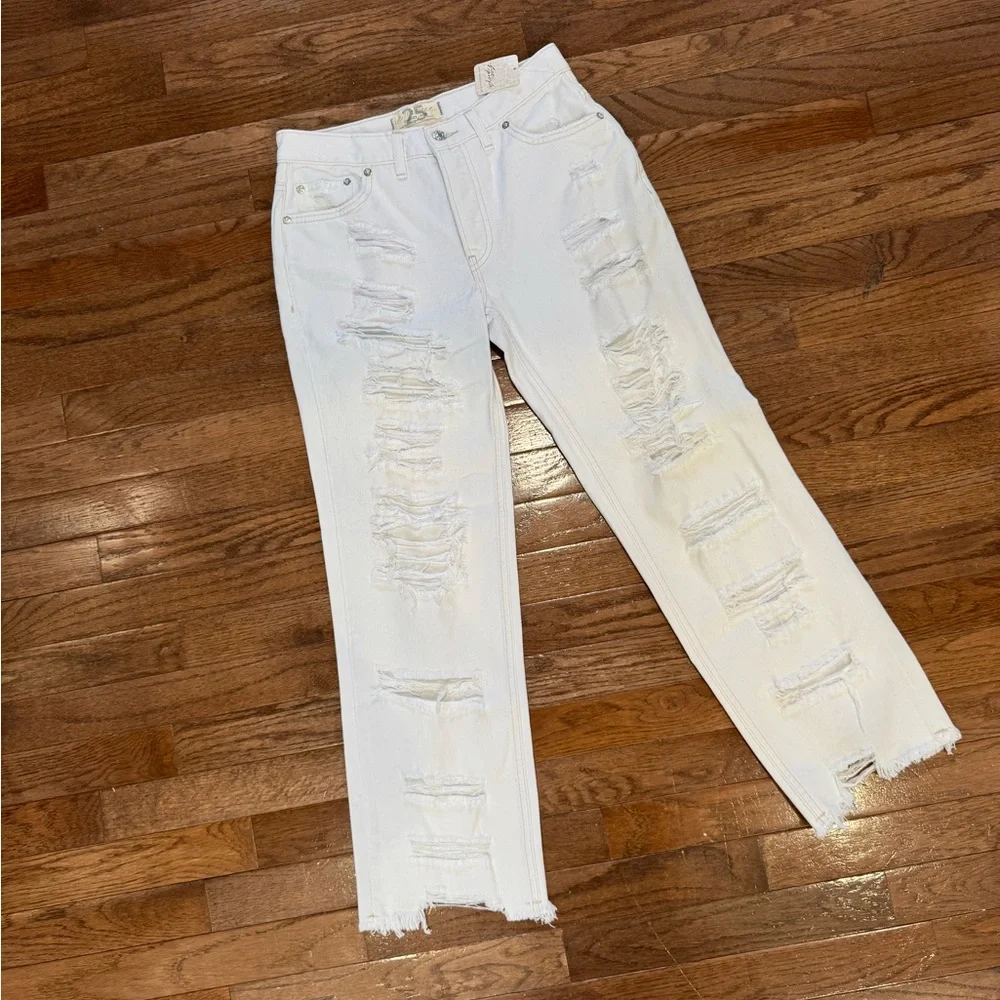 NWT Free People White Distressed Straight Leg Jeans